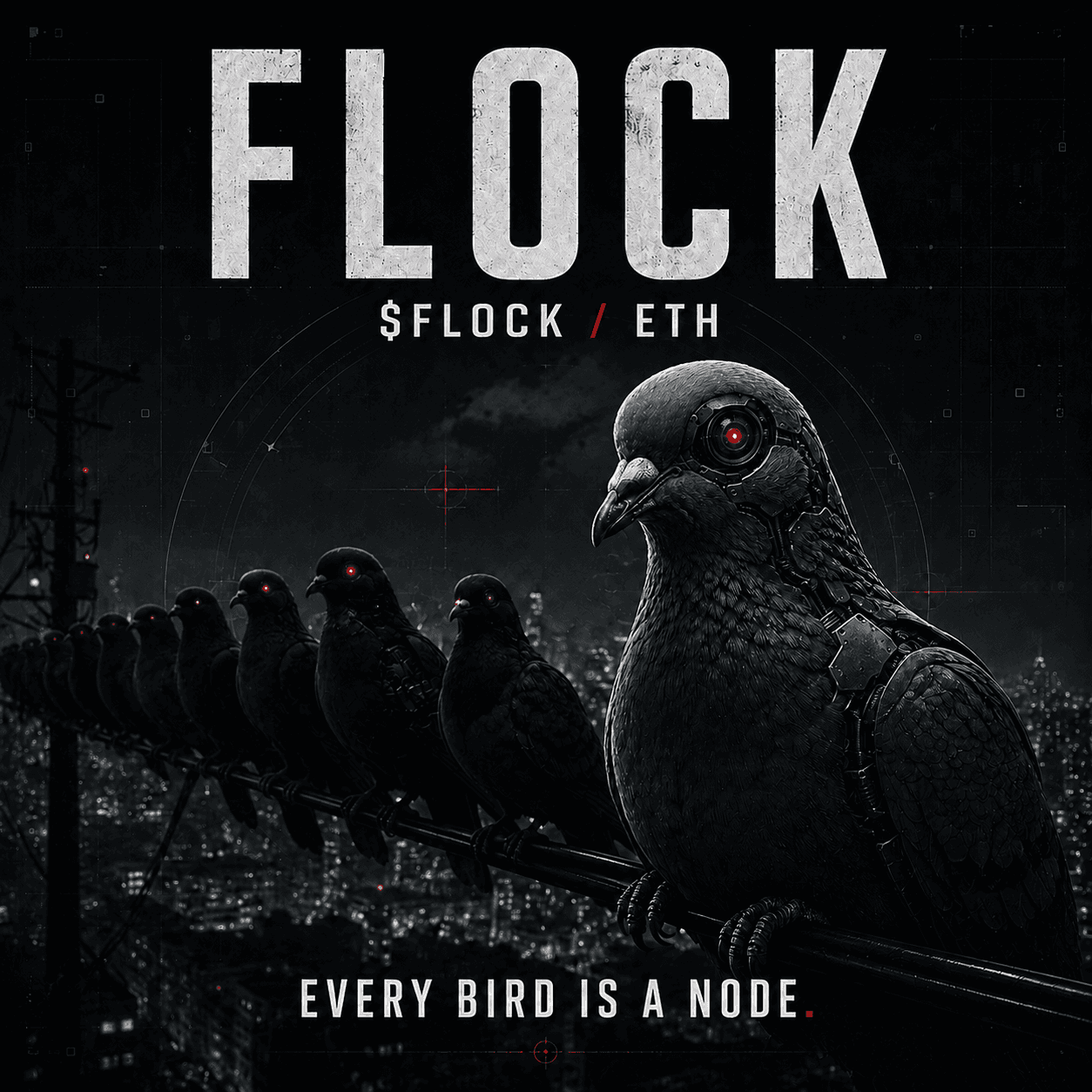 Line of cybernetic pigeons on a wire over a city at night