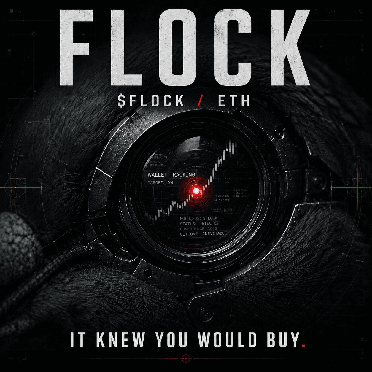 Close-up of cybernetic pigeon eye showing wallet tracking HUD