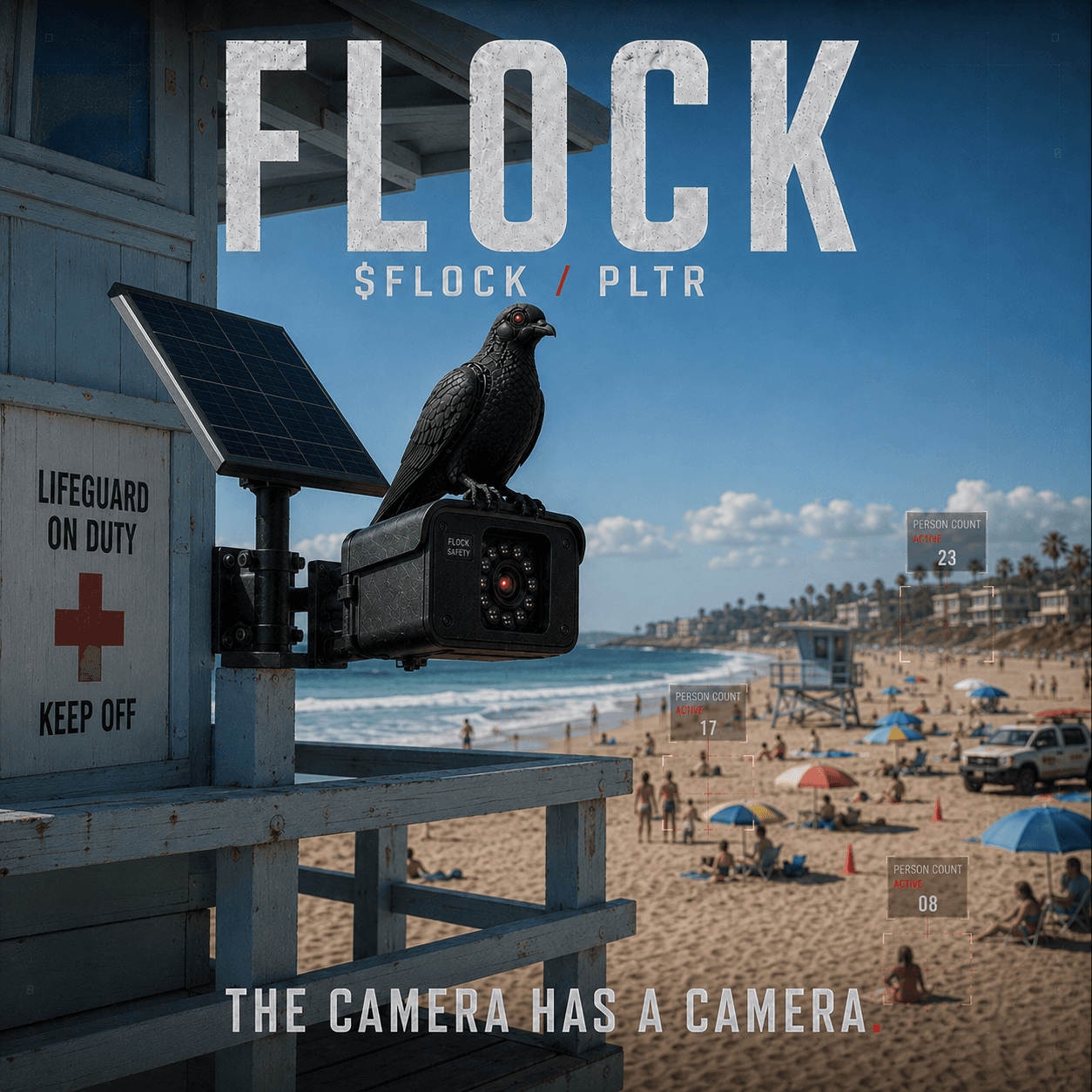 Pigeon on camera mounted to a lifeguard tower at the beach