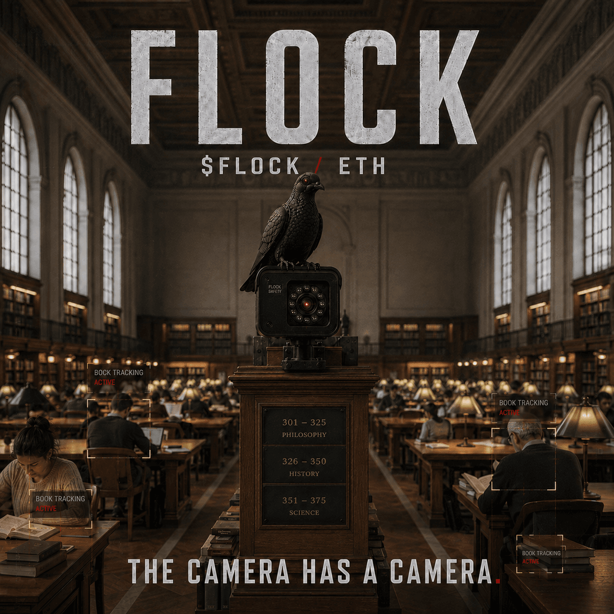 Cybernetic pigeon on a reading-room camera with book tracking overlays