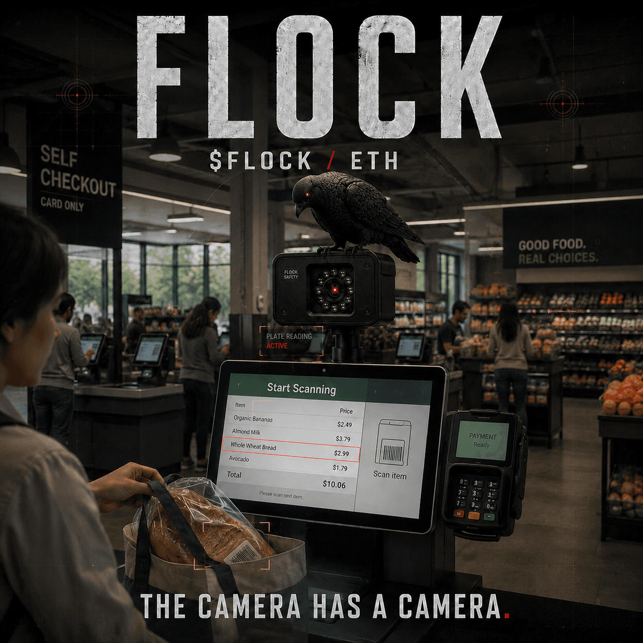 Cybernetic pigeon on a self-checkout camera in a grocery store