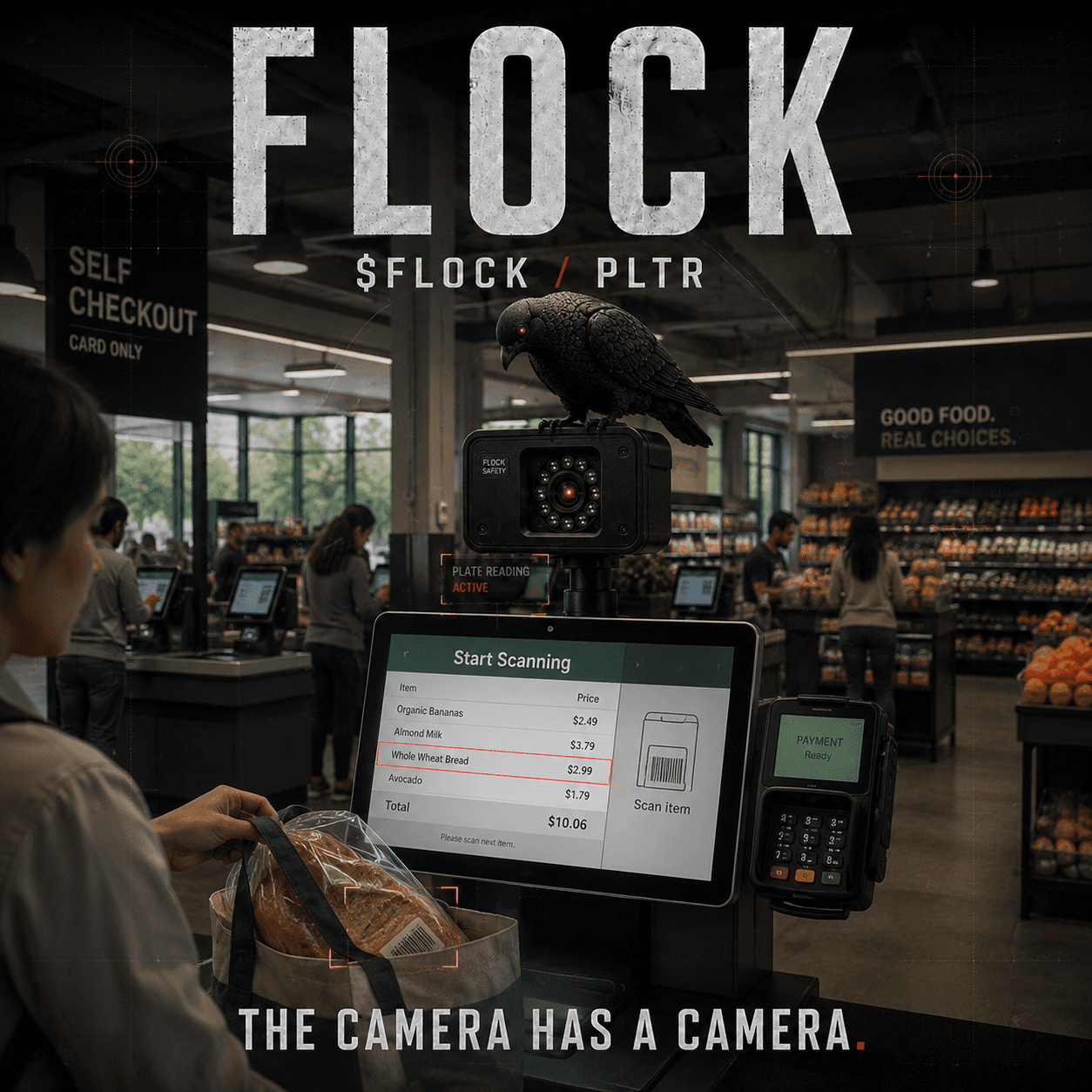 Cybernetic pigeon on a self-checkout camera in a grocery store