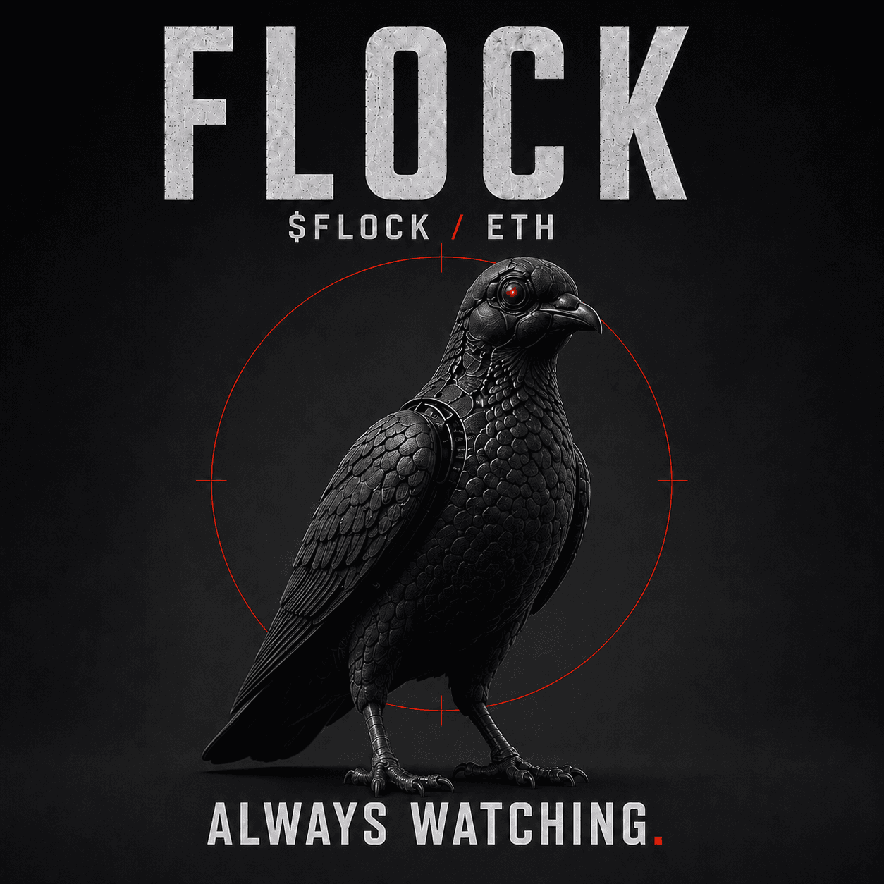 Cybernetic pigeon standing under a red targeting reticle